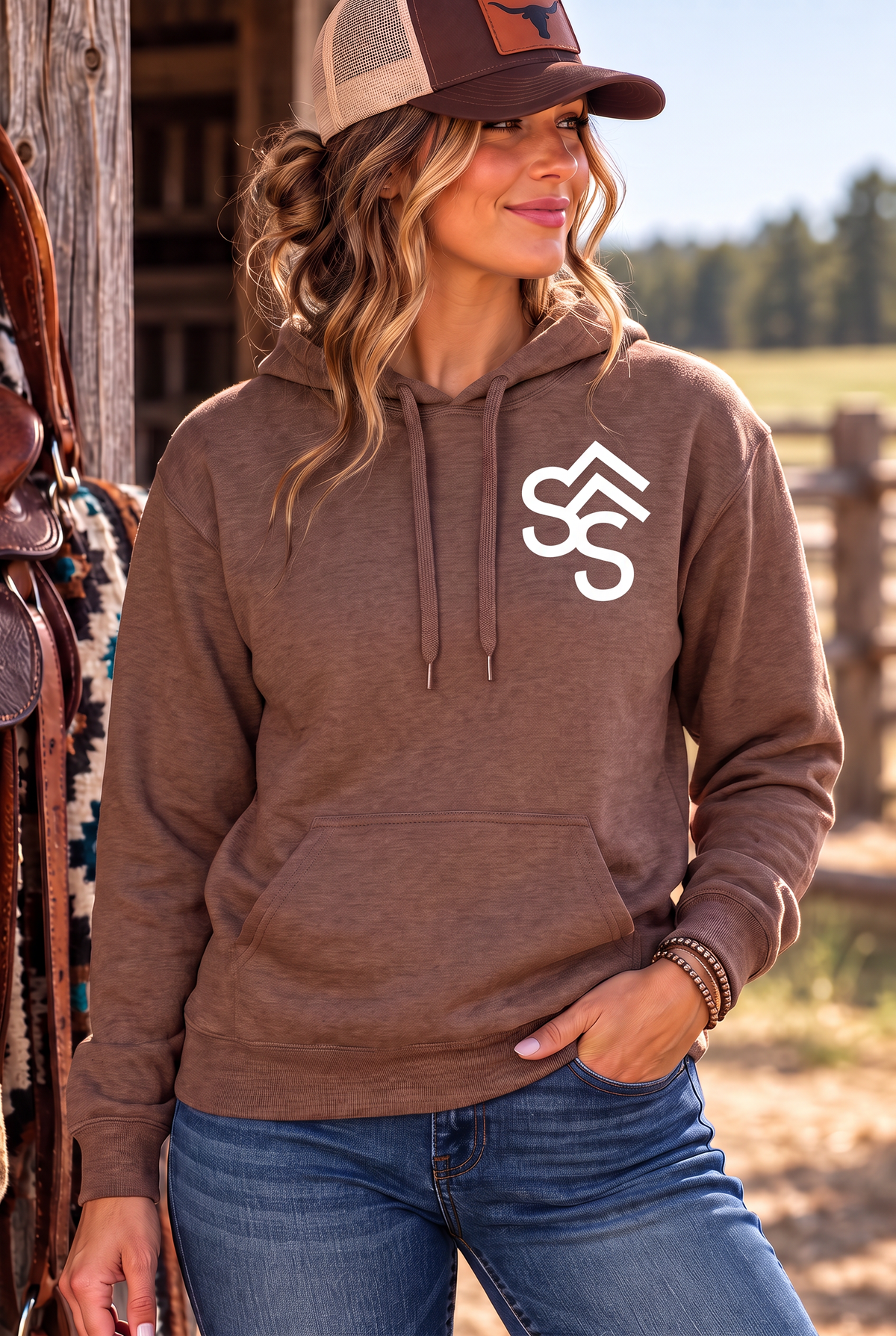 Get Western Hoodie in Cocoa — female model, front view