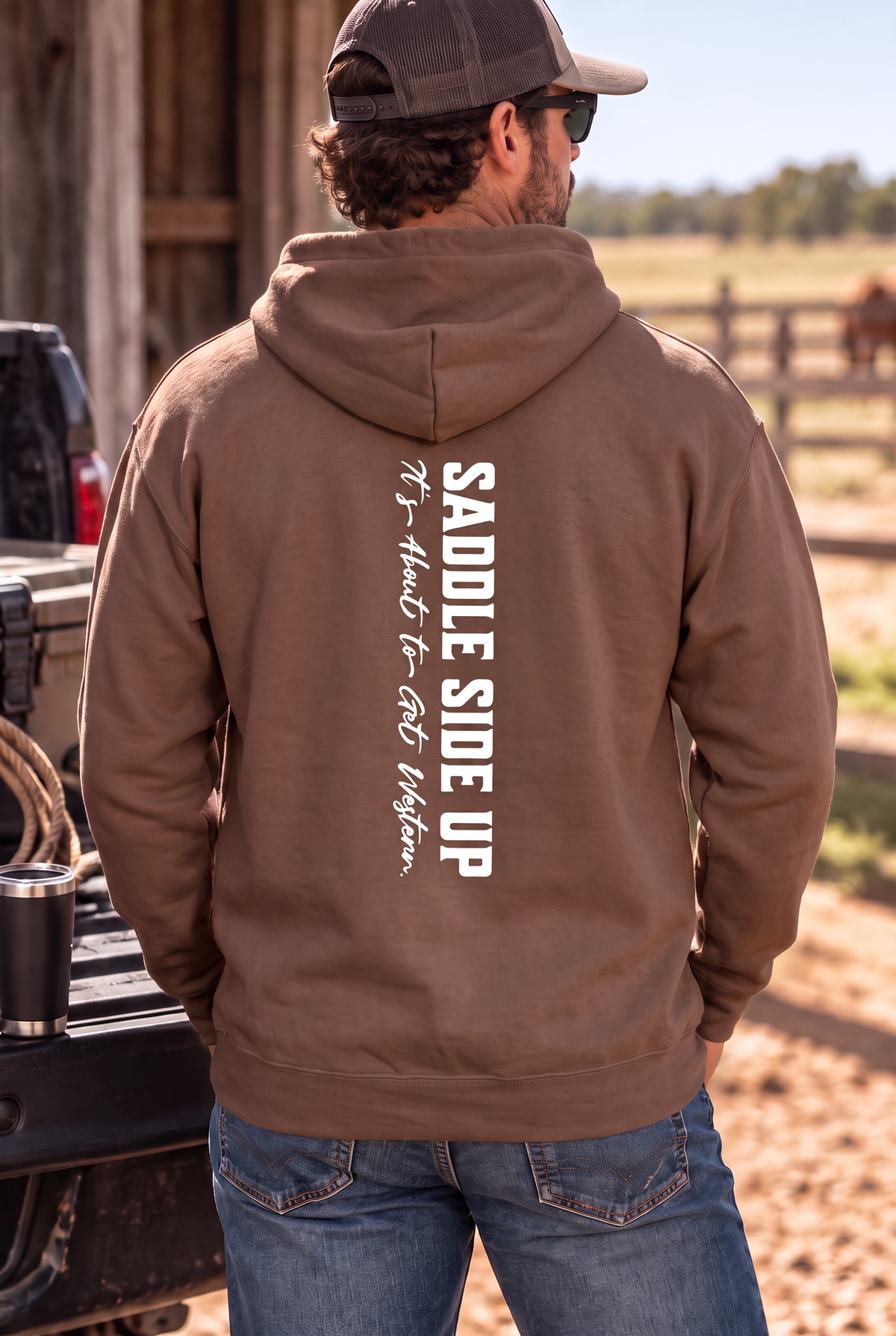 Get Western Hoodie in Cocoa — male model, back view