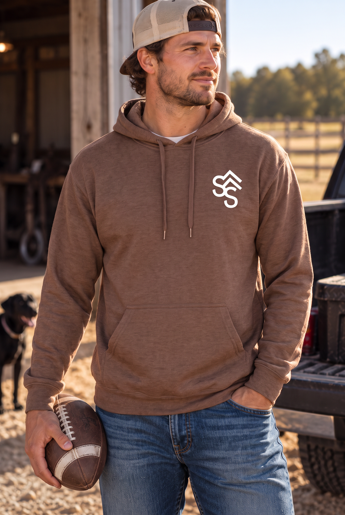 Get Western Hoodie in Cocoa — male model, front view
