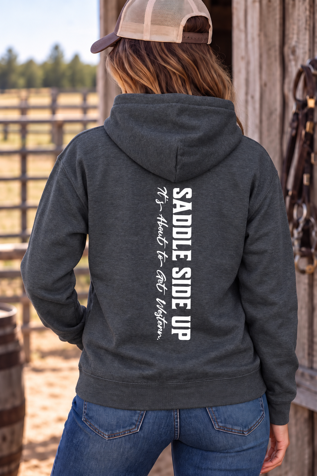 Get Western Hoodie in Dark Heather — female model, back view