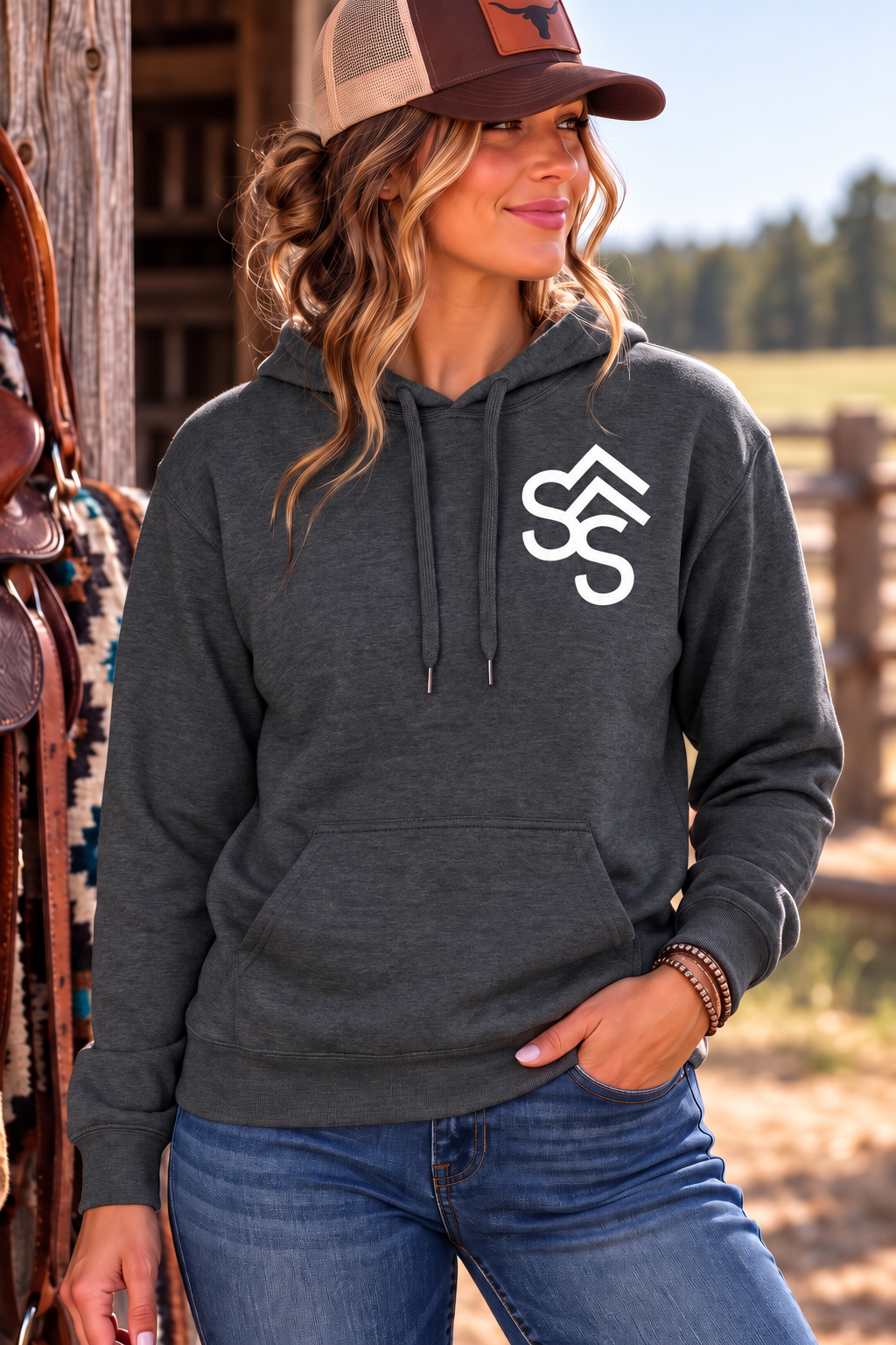 Get Western Hoodie in Dark Heather — female model, front view