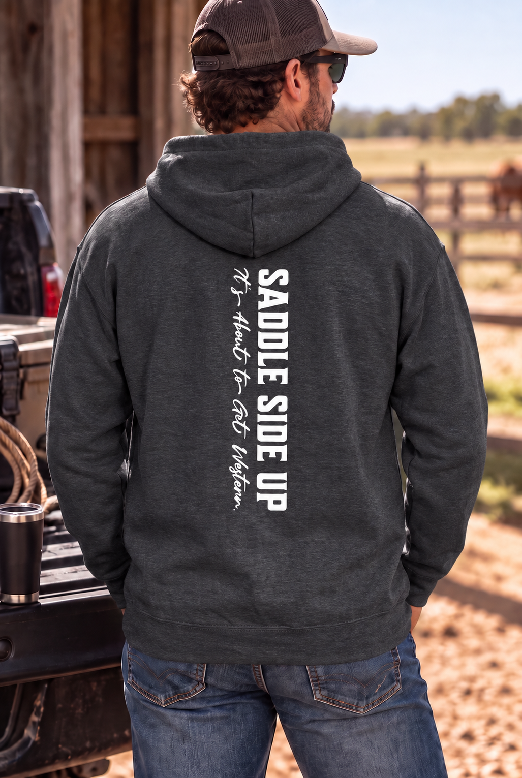 Get Western Hoodie in Dark Heather — male model, back view