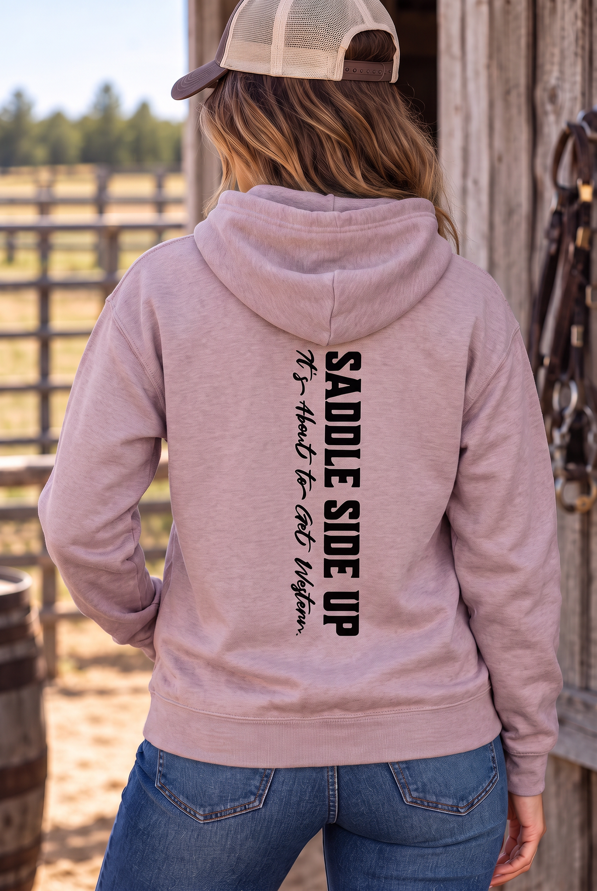 Get Western Hoodie in Paragon — female model, back view