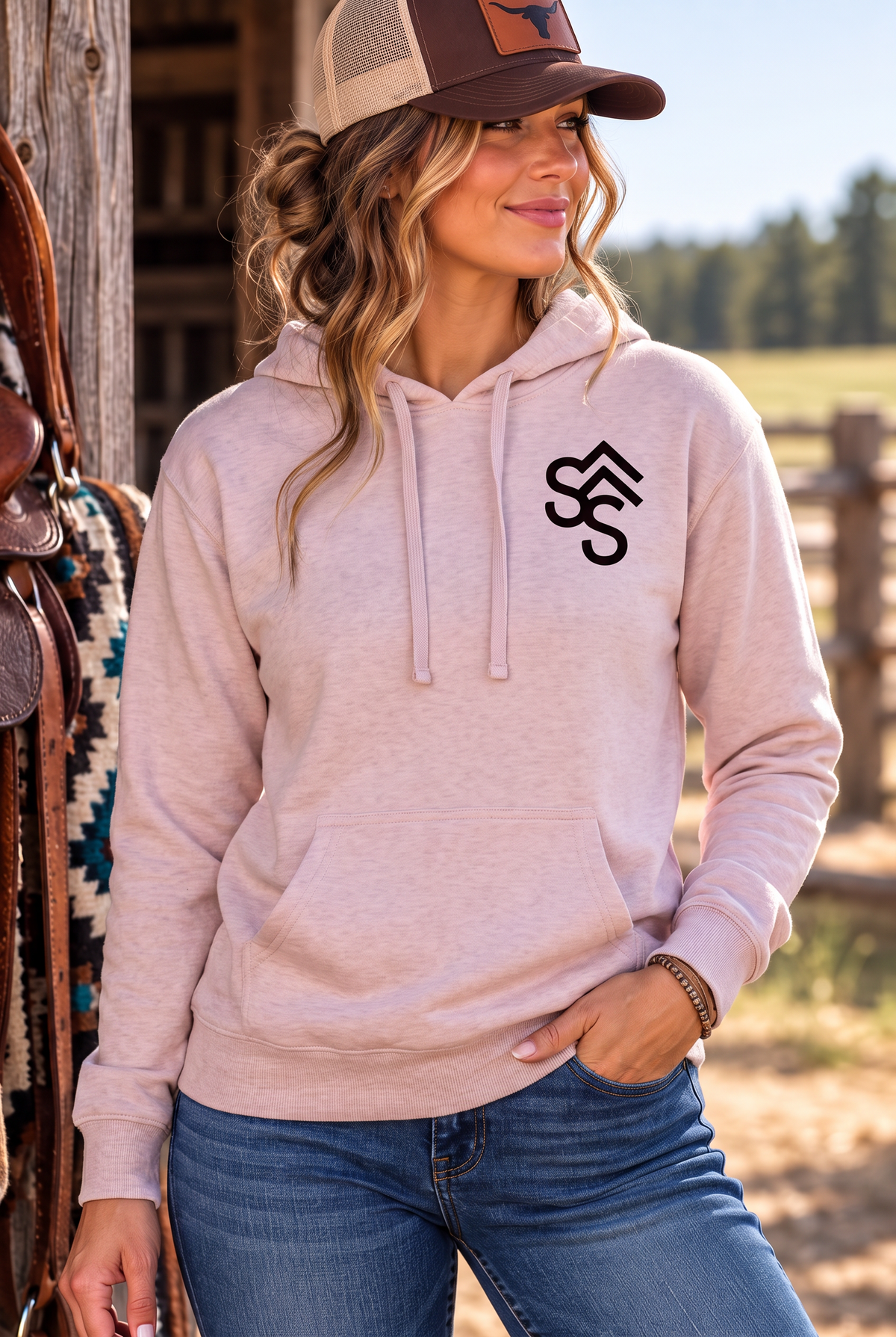 Get Western Hoodie in Paragon — female model, front view