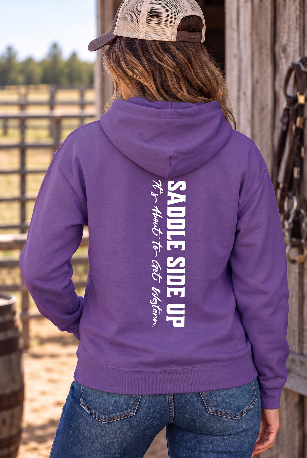 Get Western Hoodie in Purple — female model, back view