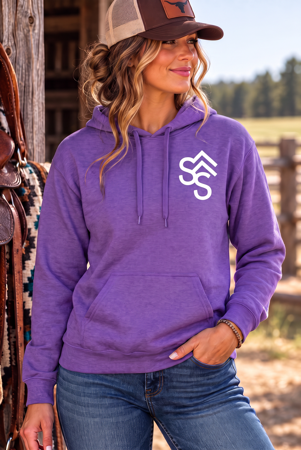 Get Western Hoodie in Purple — female model, front view