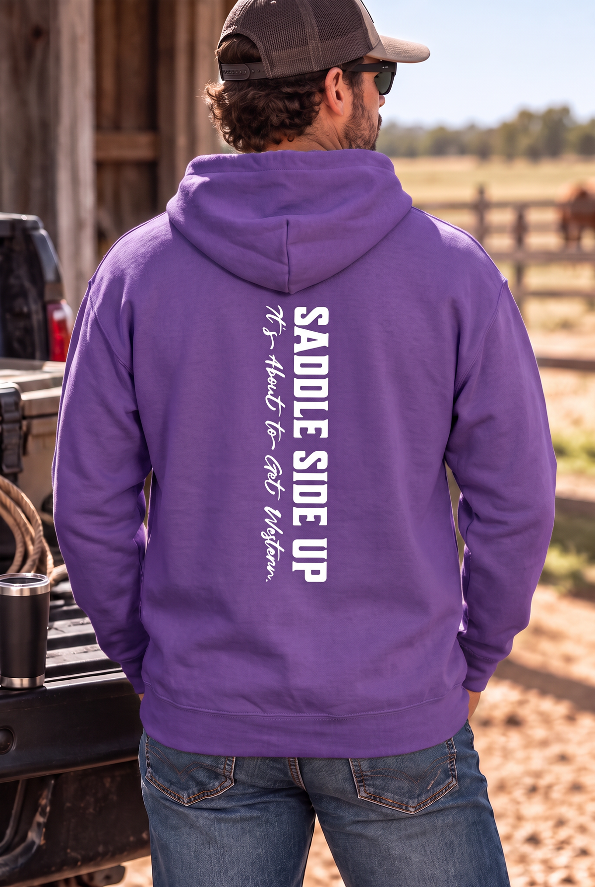 Get Western Hoodie in Purple — male model, back view