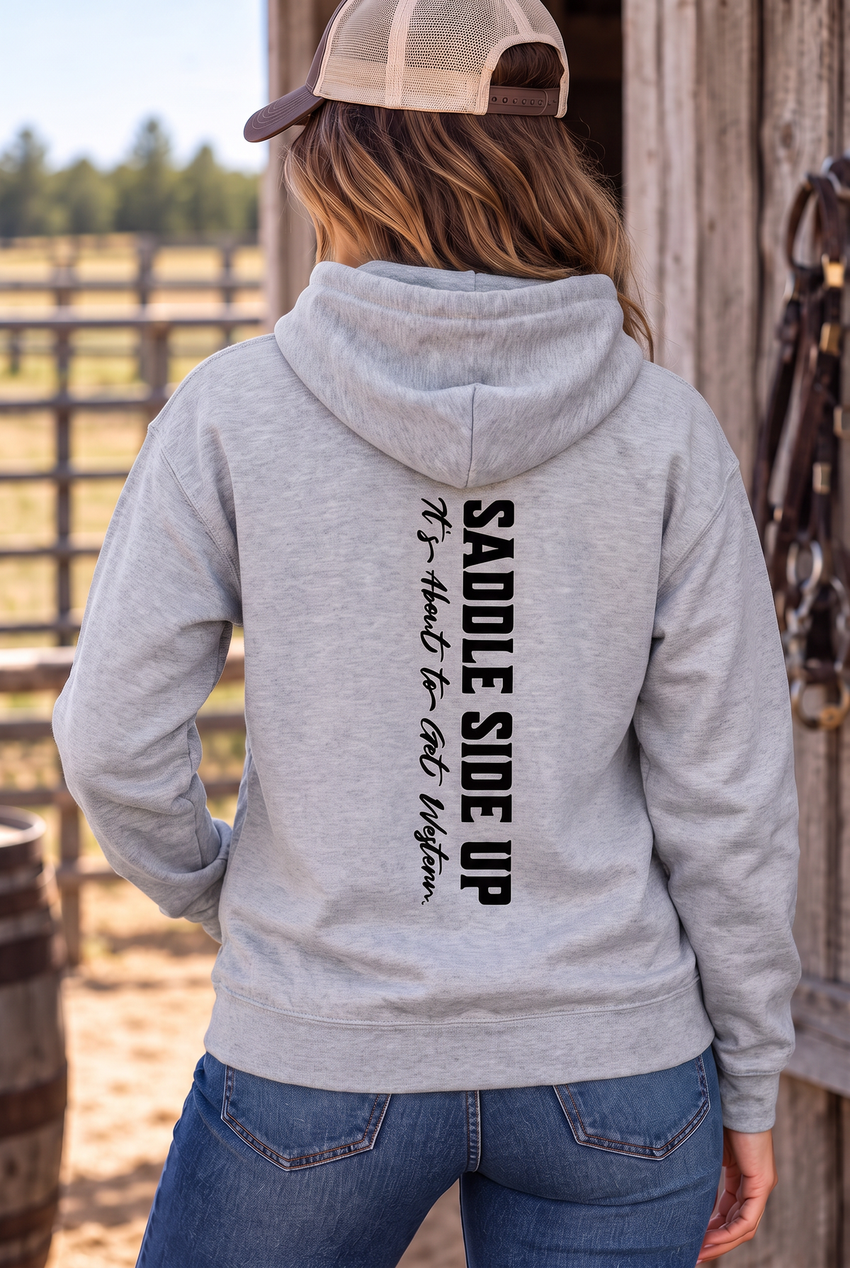 Get Western Hoodie in Ring Spun Sport Grey — female model, back view
