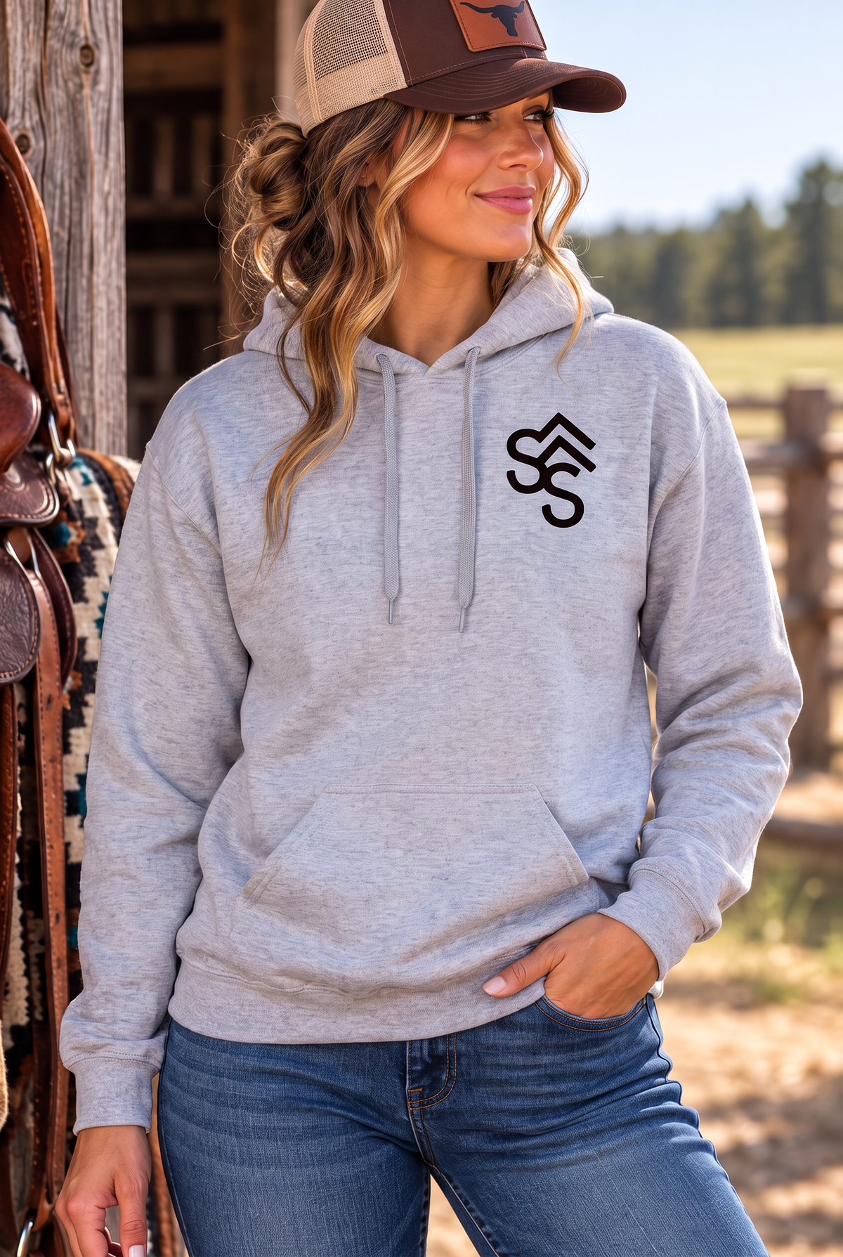 Get Western Hoodie in Ring Spun Sport Grey — female model, front view