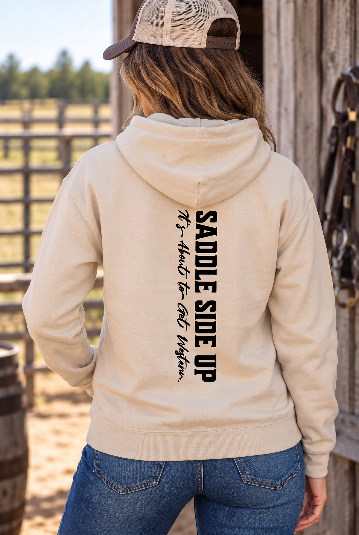 Get Western Hoodie in Sand — female model, back view