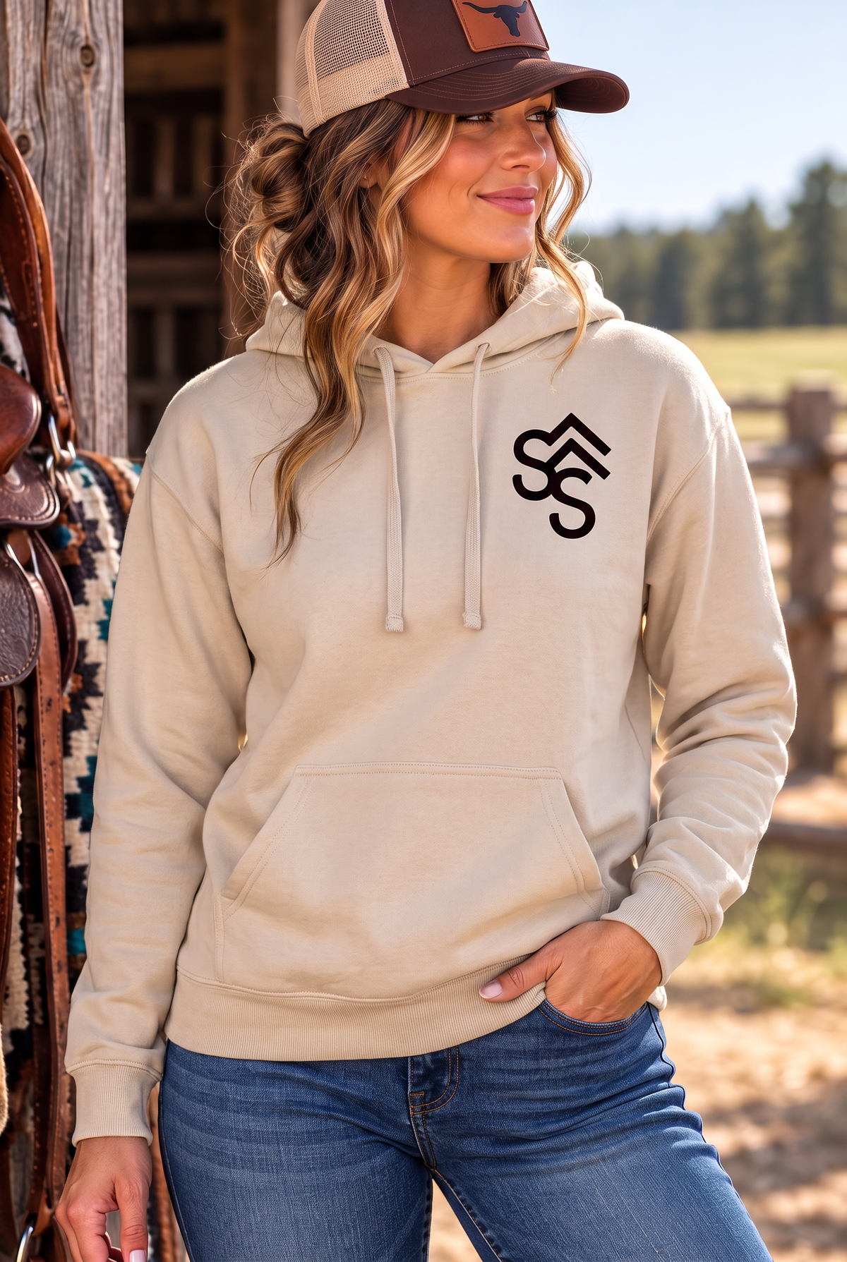 Get Western Hoodie in Sand — female model, front view