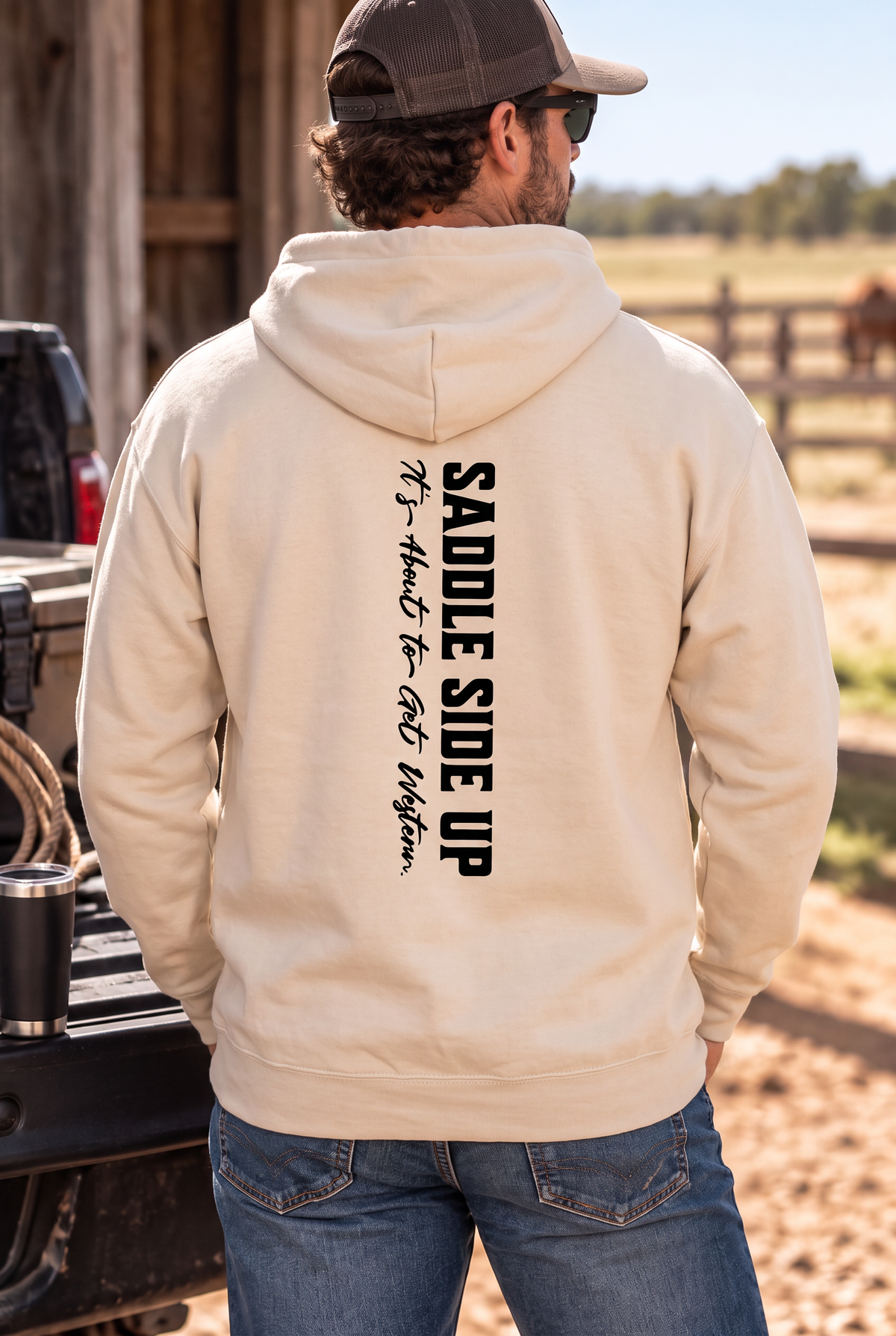 Get Western Hoodie in Sand — male model, back view