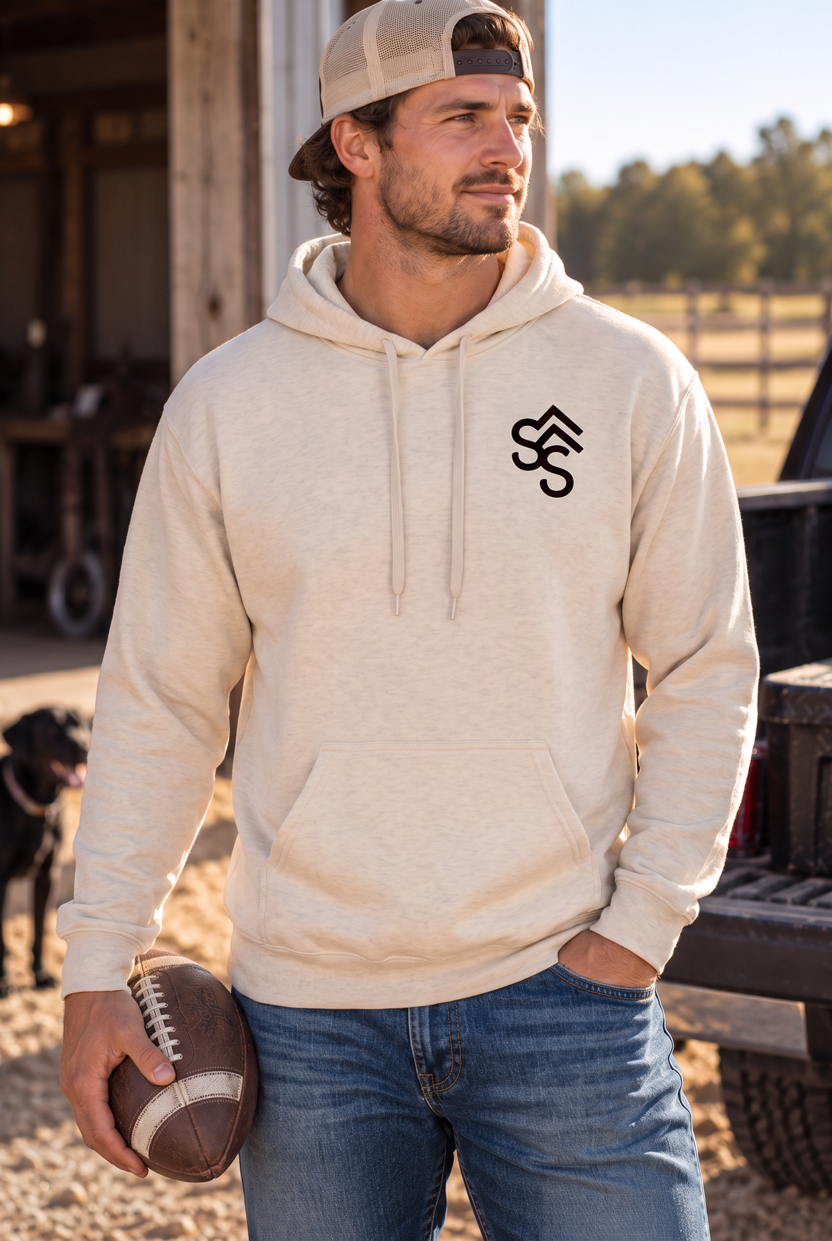 Get Western Hoodie in Sand — male model, front view