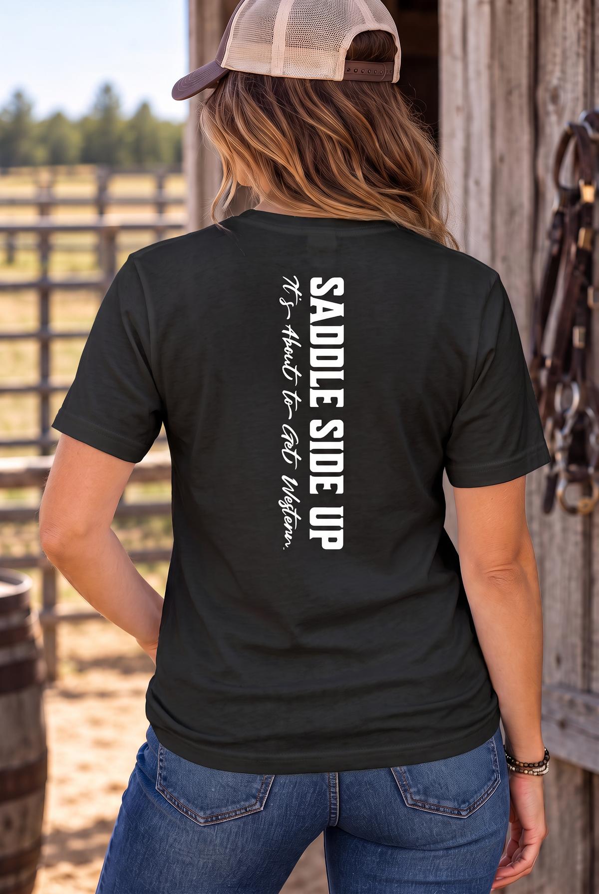 Get Western Tee in Black — female model, back view