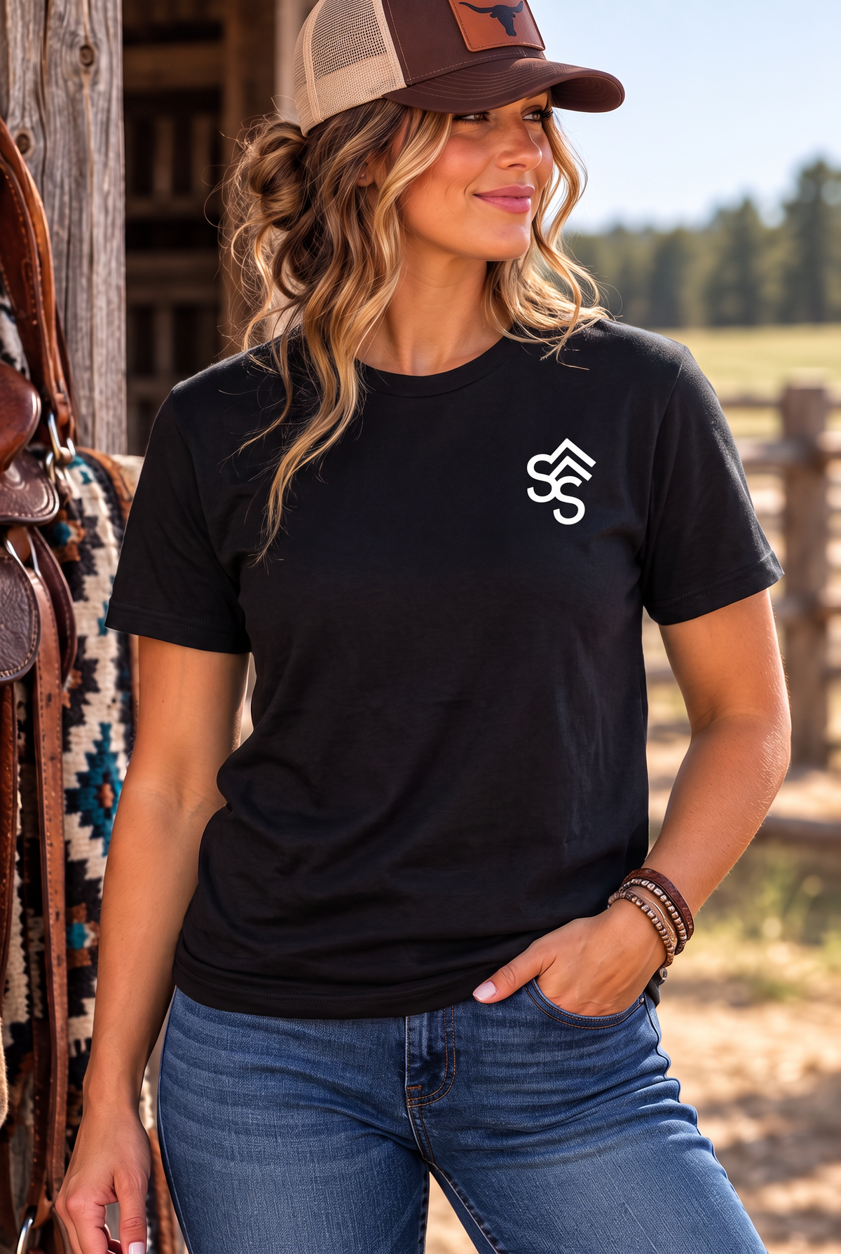 Get Western Tee in Black — female model, front view