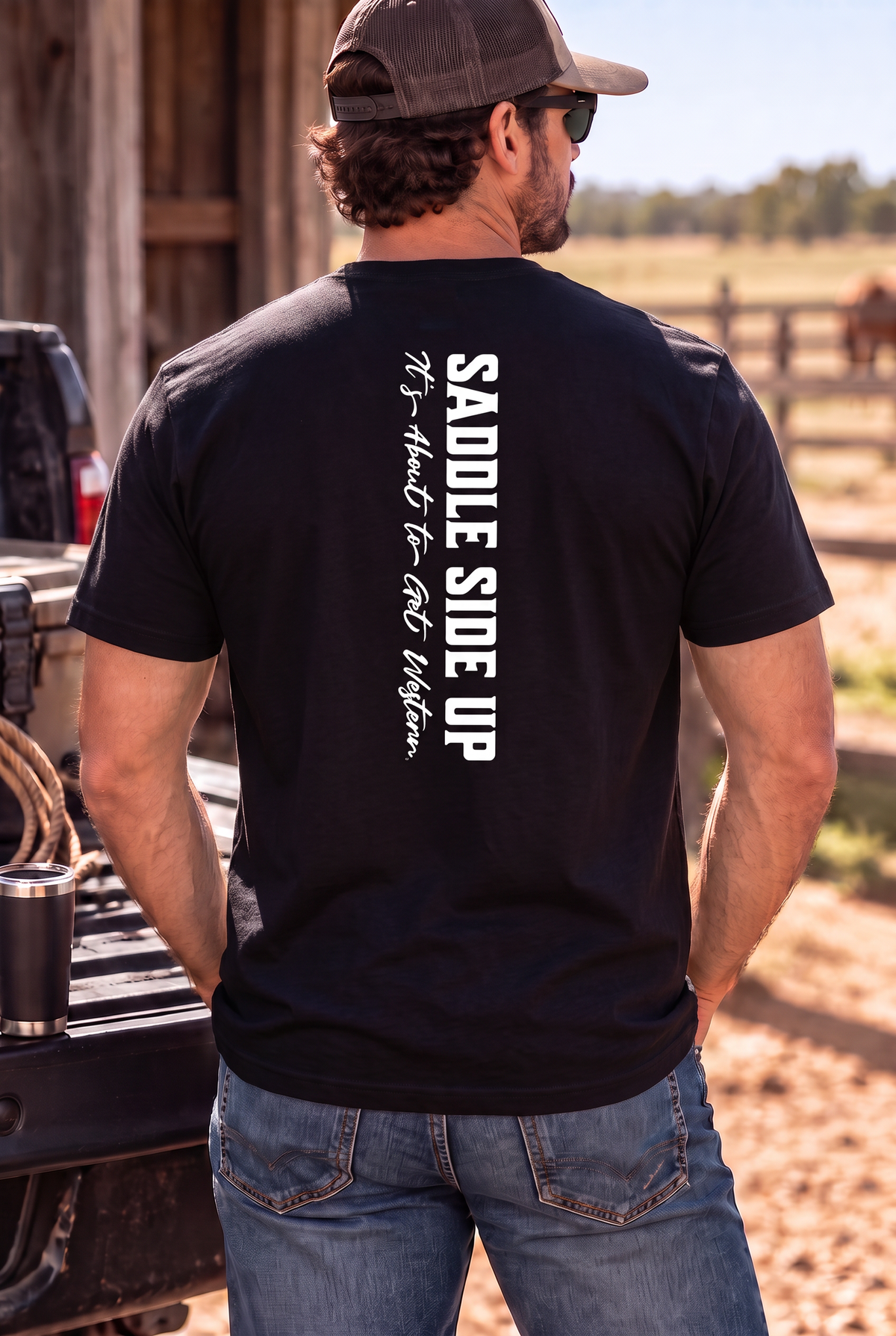 Get Western Tee in Black — male model, back view