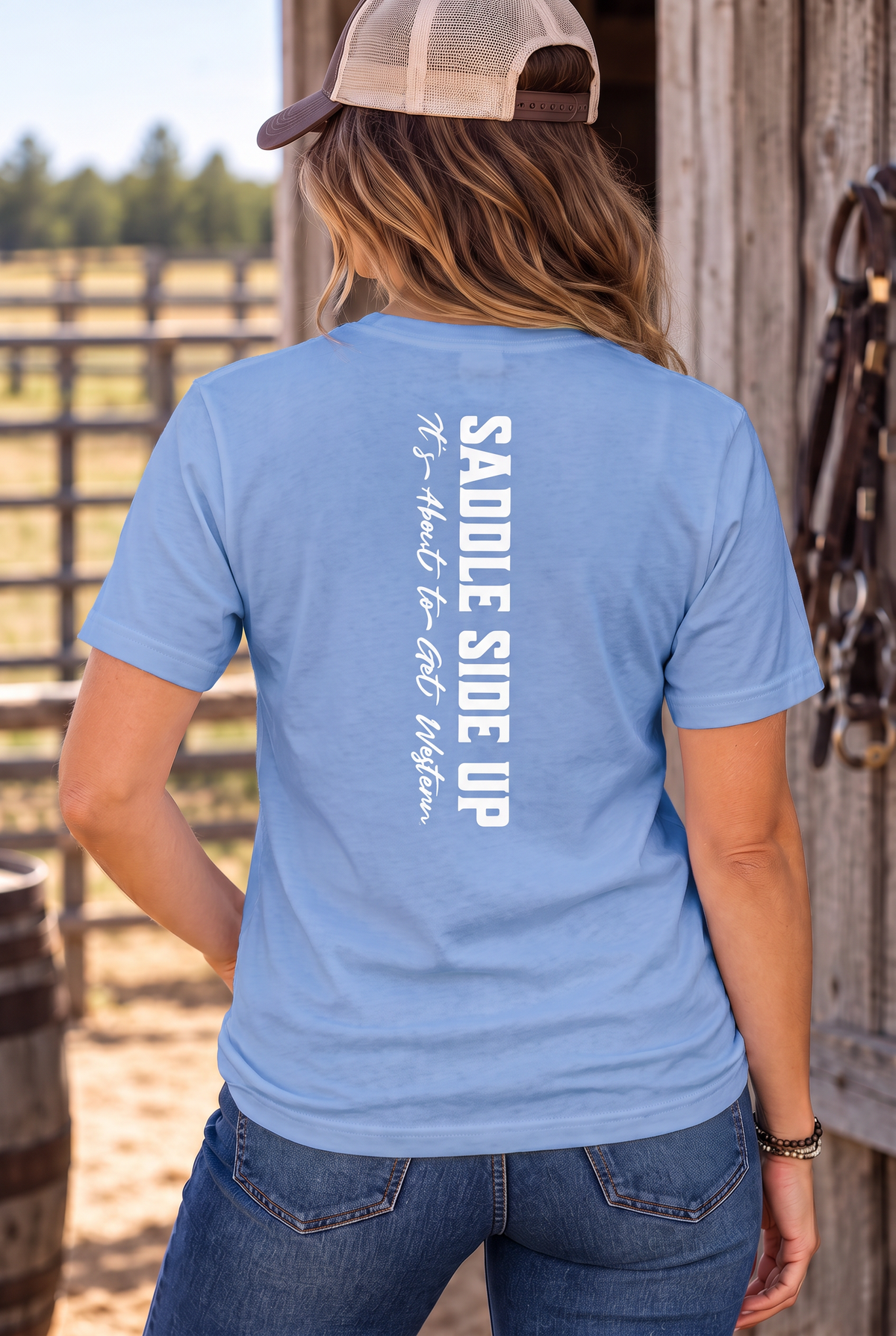 Get Western Tee in Carolina Blue — female model, back view