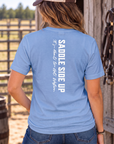 Get Western Tee in Carolina Blue — female model, back view