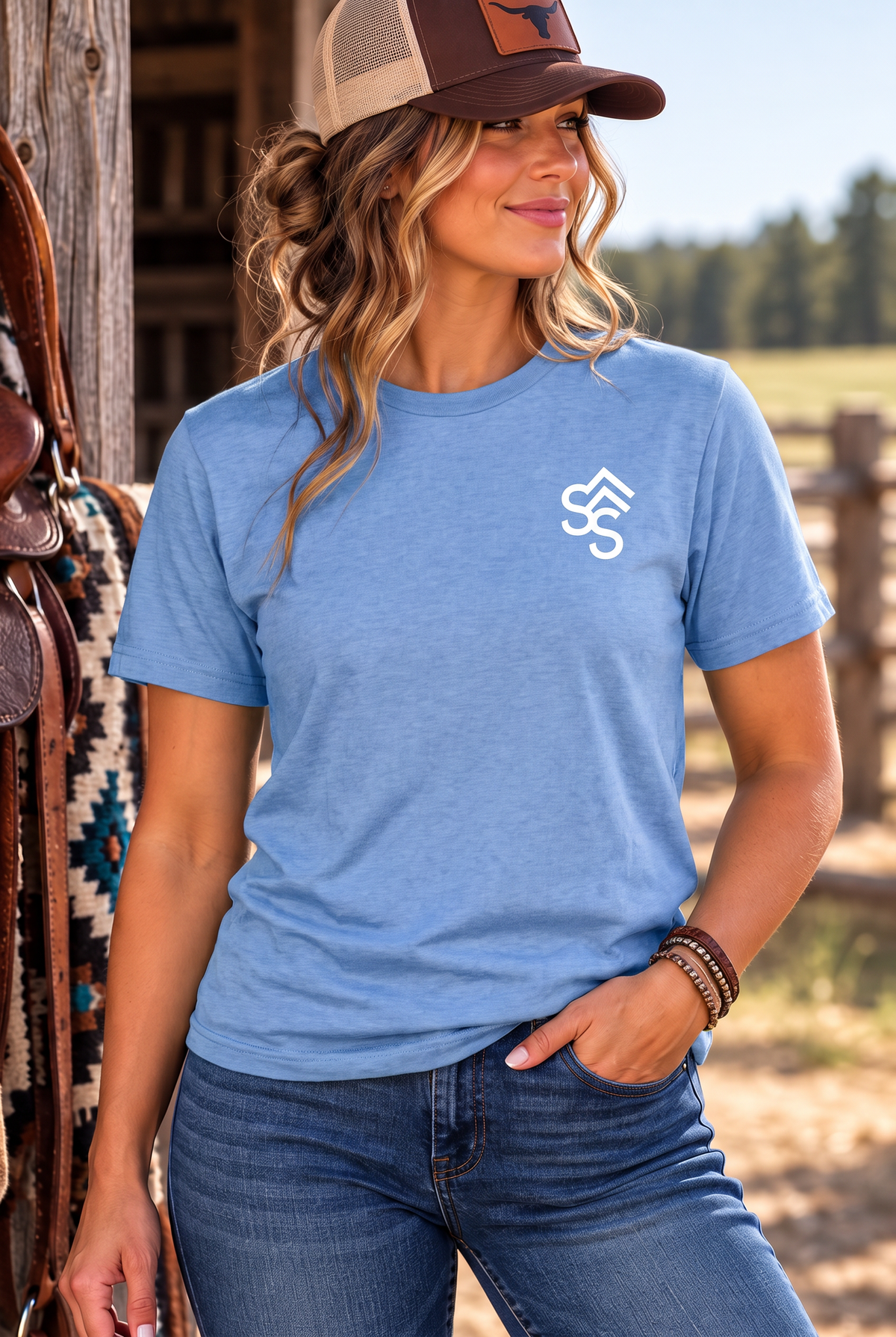 Get Western Tee in Carolina Blue — female model, front view