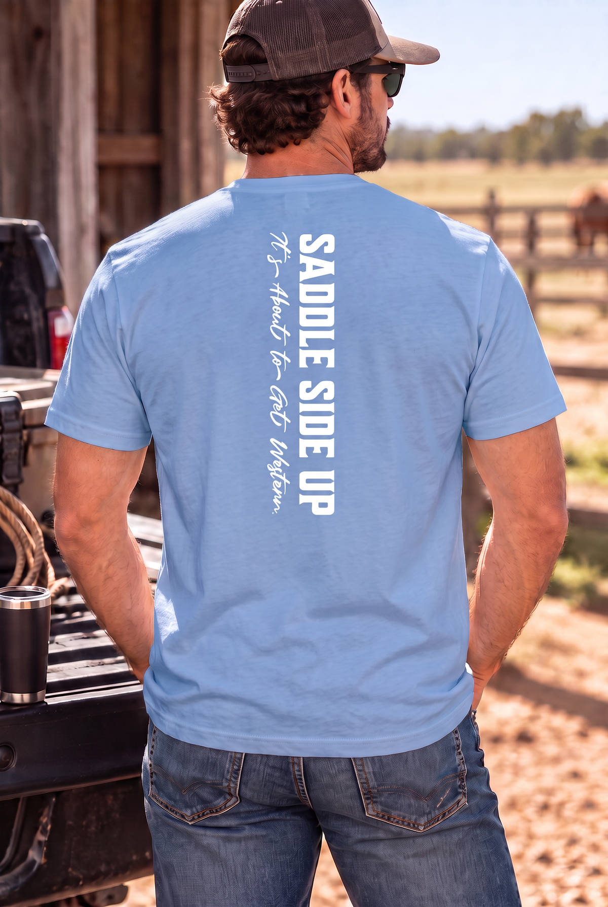 Get Western Tee in Carolina Blue — male model, back view