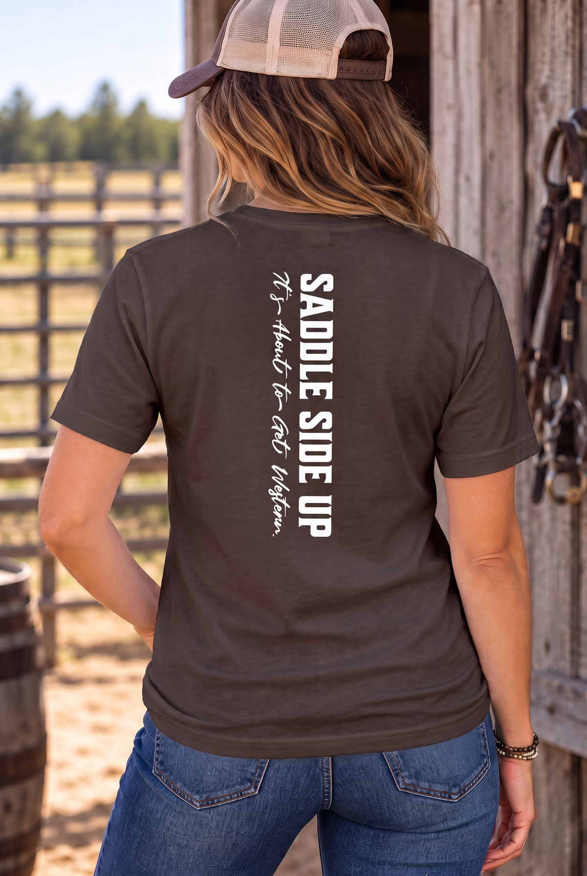 Get Western Tee in Dark Chocolate — female model, back view