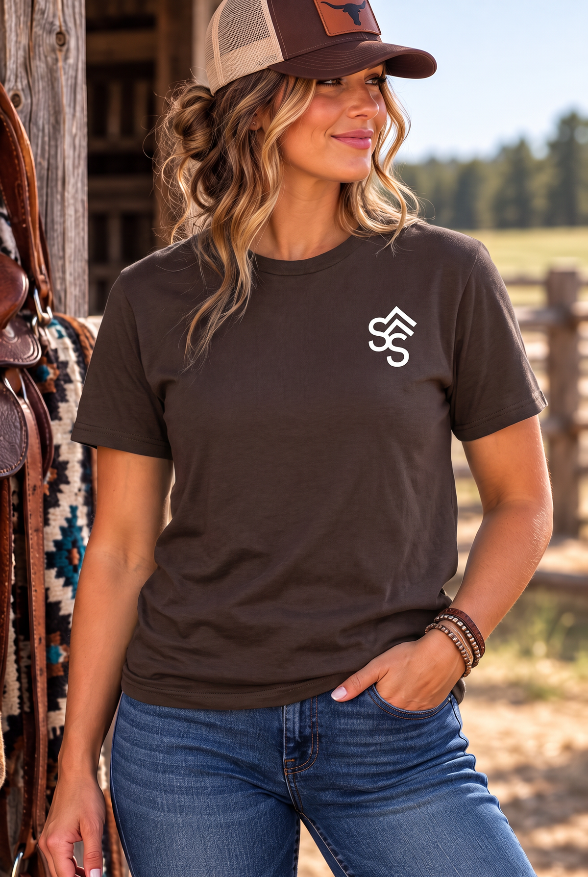 Get Western Tee in Dark Chocolate — female model, front view