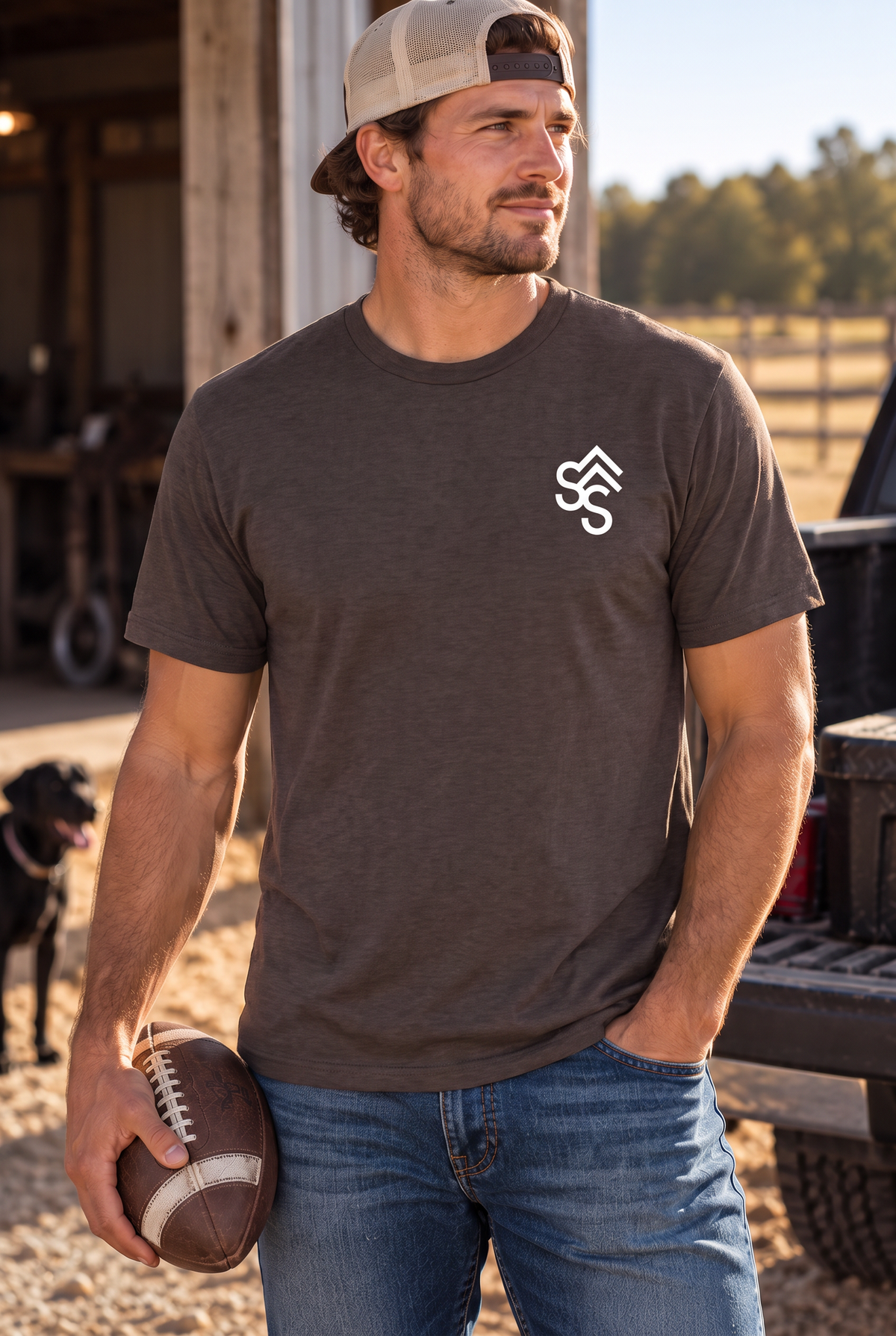 Get Western Tee in Dark Chocolate — male model, front view