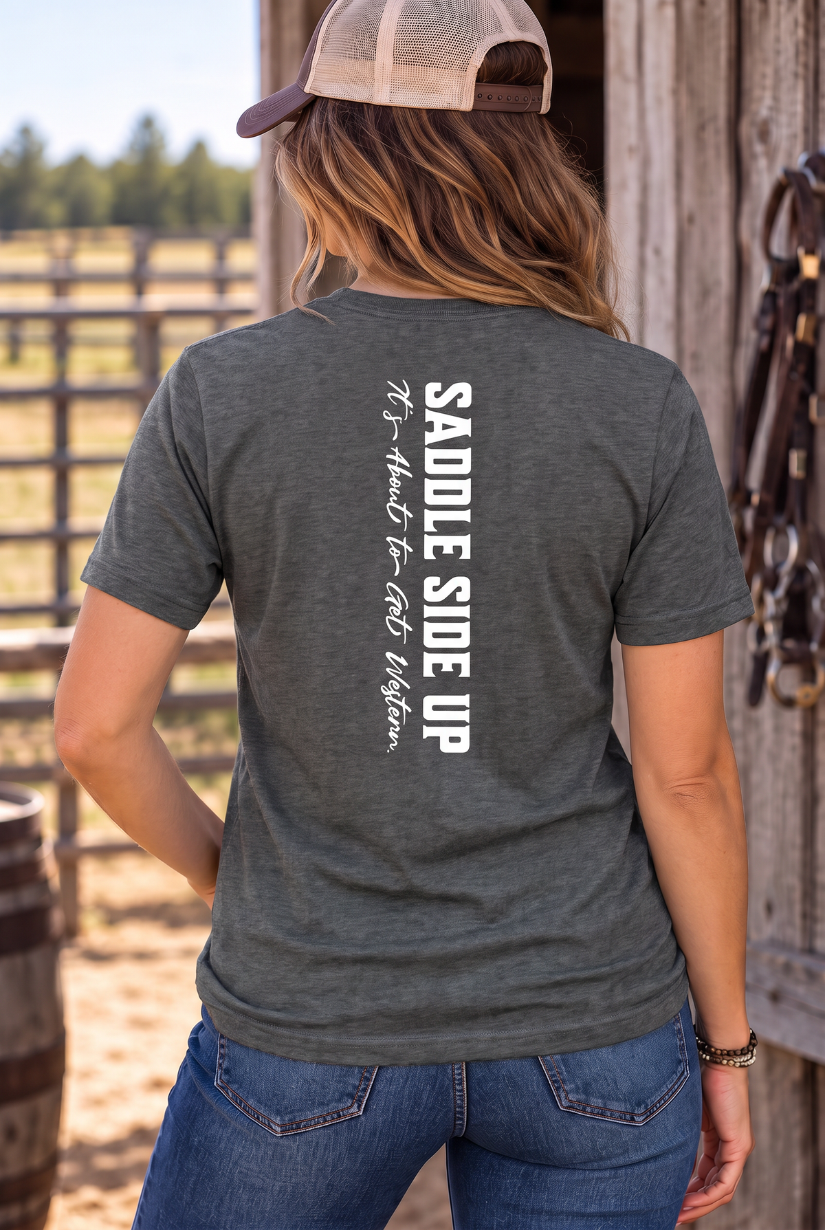 Get Western Tee in Heather Dark Grey — female model, back view