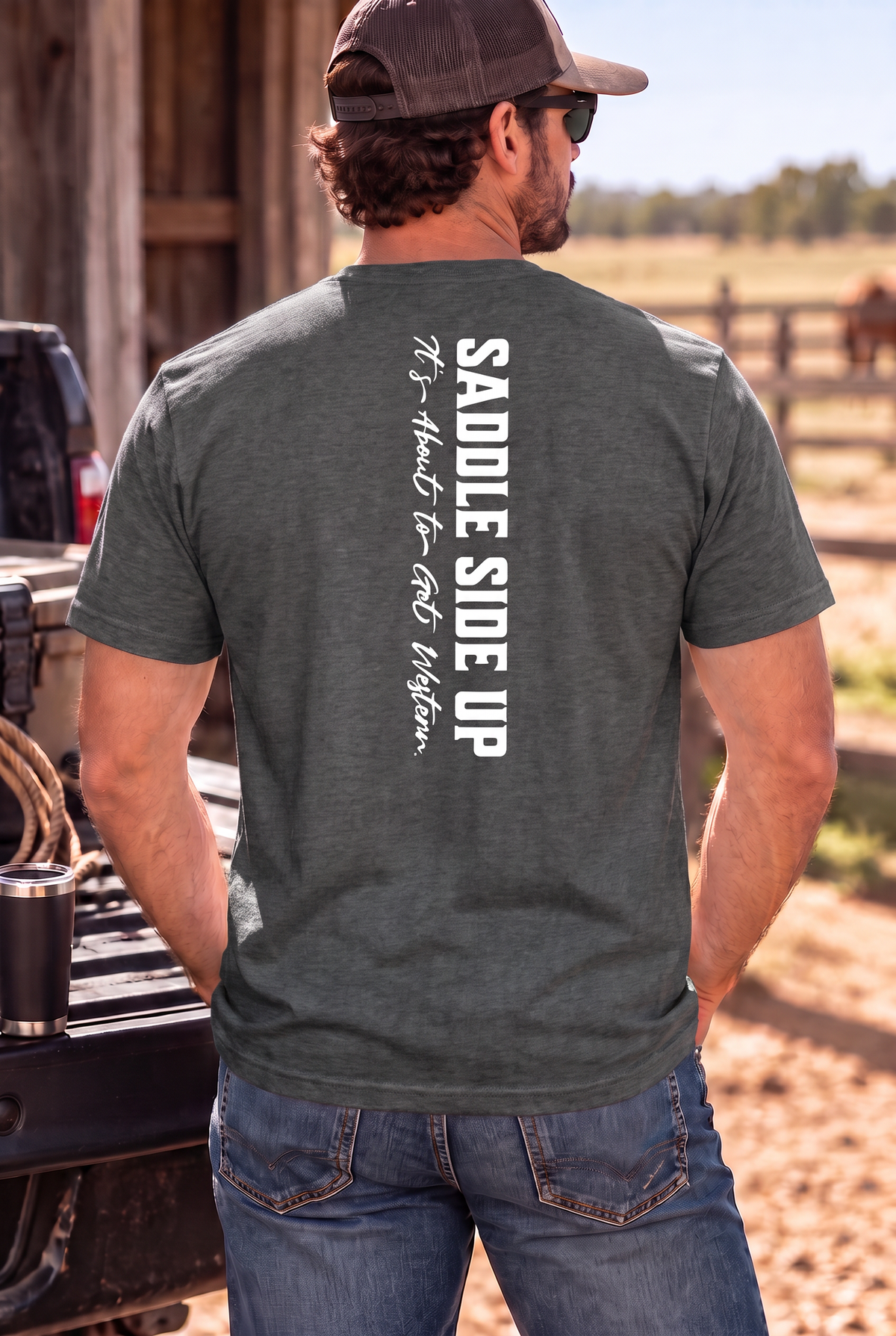 Get Western Tee in Heather Dark Grey — male model, back view
