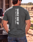 Get Western Tee in Heather Dark Grey — male model, back view