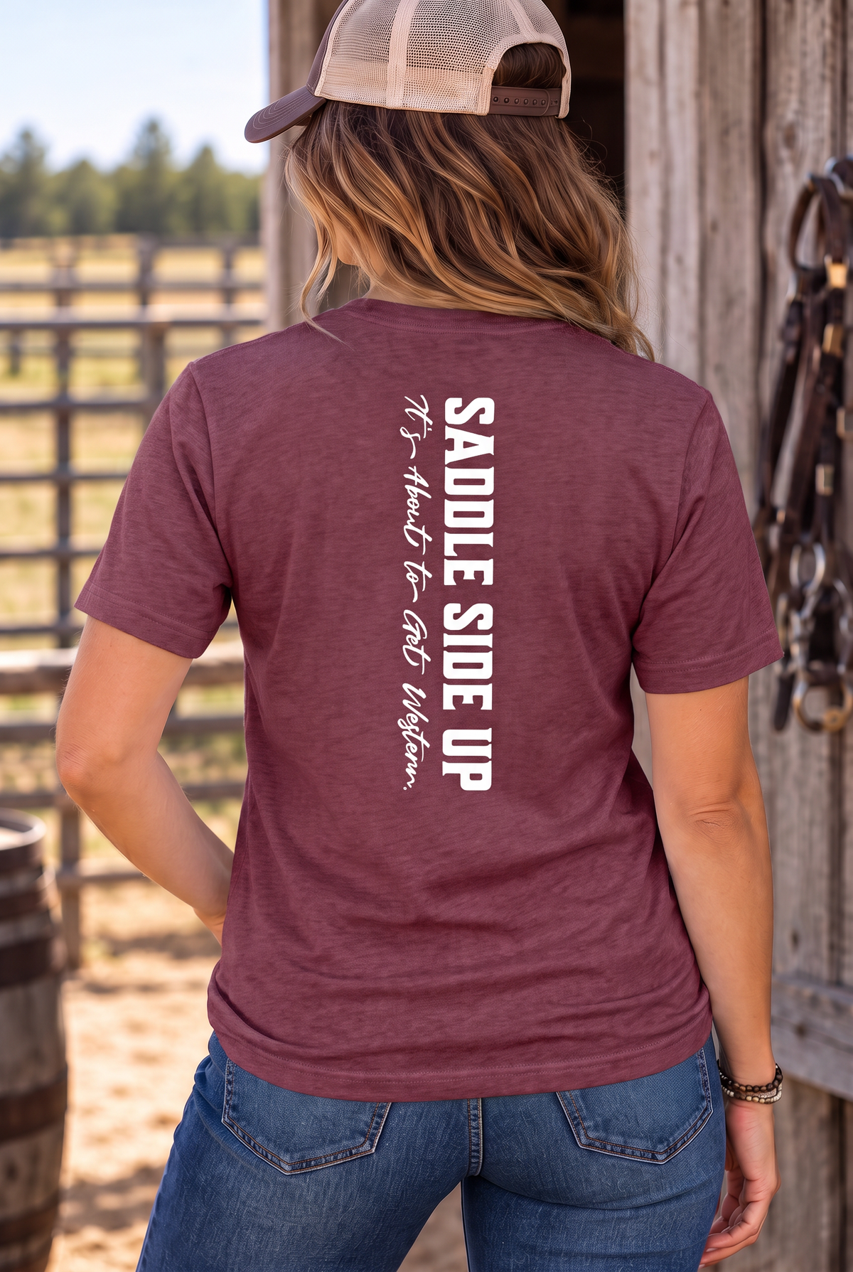 Get Western Tee in Heather Maroon — female model, back view