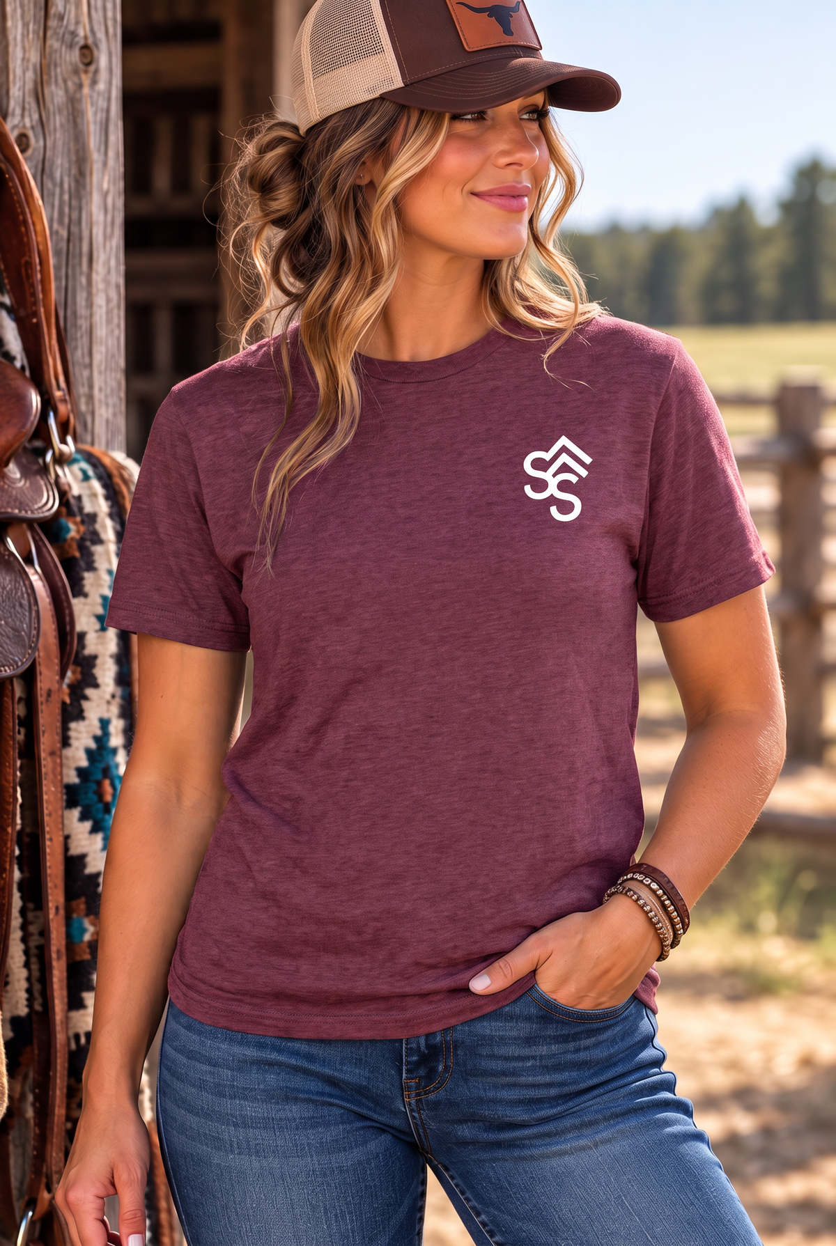 Get Western Tee in Heather Maroon — female model, front view