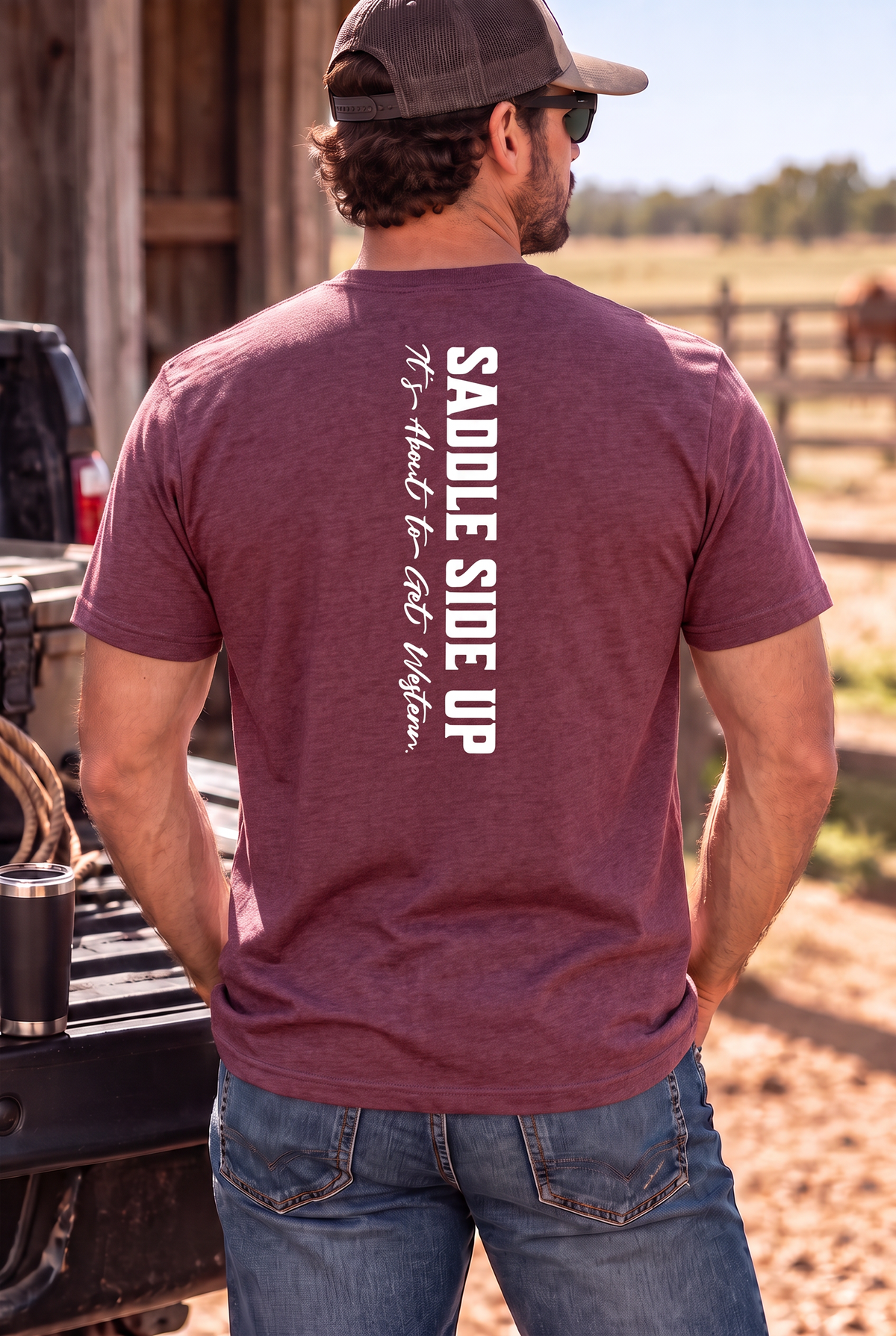 Get Western Tee in Heather Maroon — male model, back view