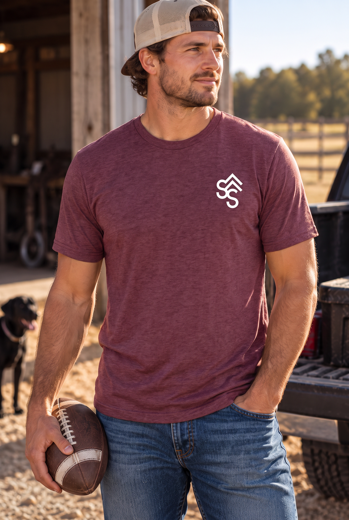Get Western Tee in Heather Maroon — male model, front view