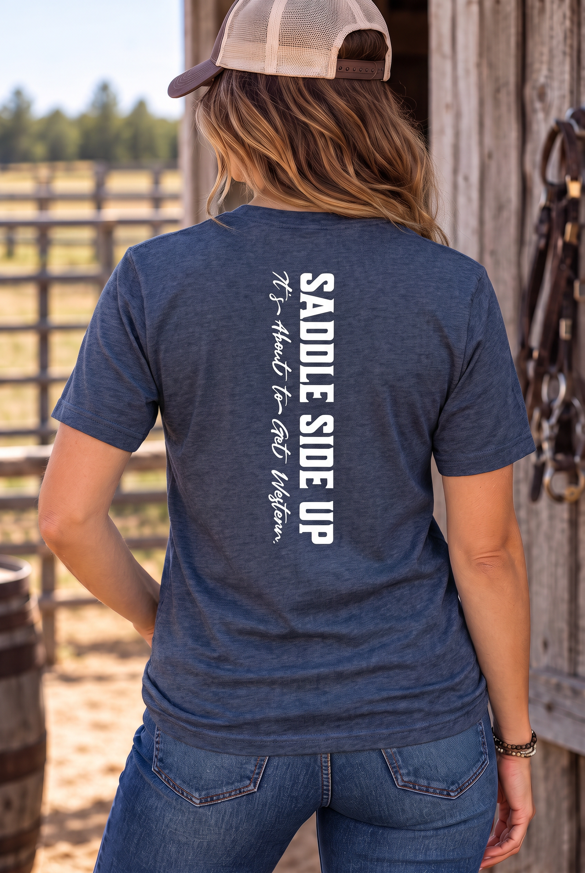 Get Western Tee in Heather Navy — female model, back view