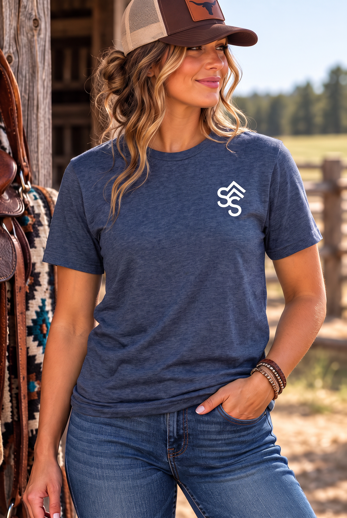Get Western Tee in Heather Navy — female model, front view