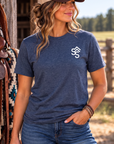 Get Western Tee in Heather Navy — female model, front view