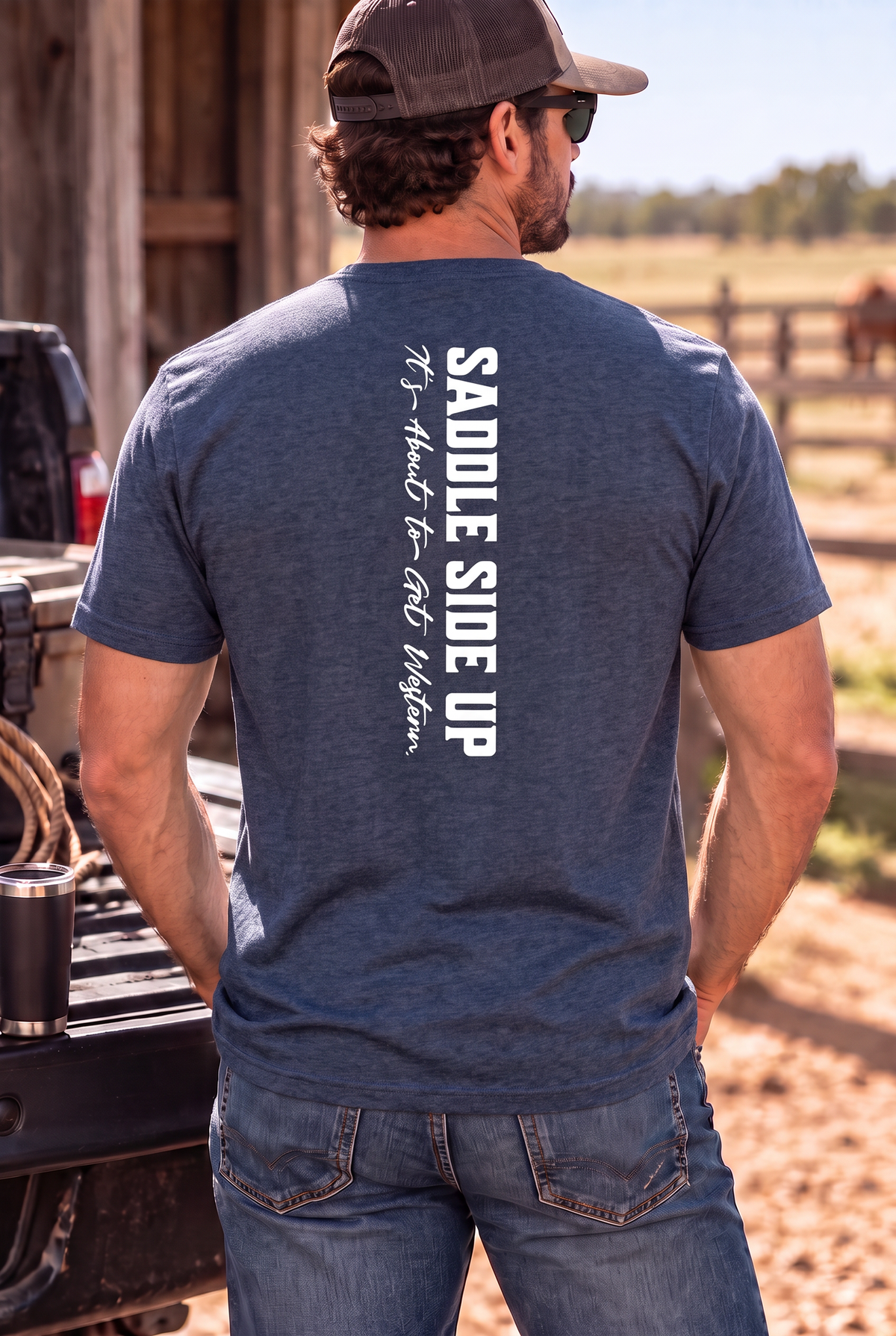 Get Western Tee in Heather Navy — male model, back view
