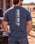 Get Western Tee in Heather Navy — male model, back view