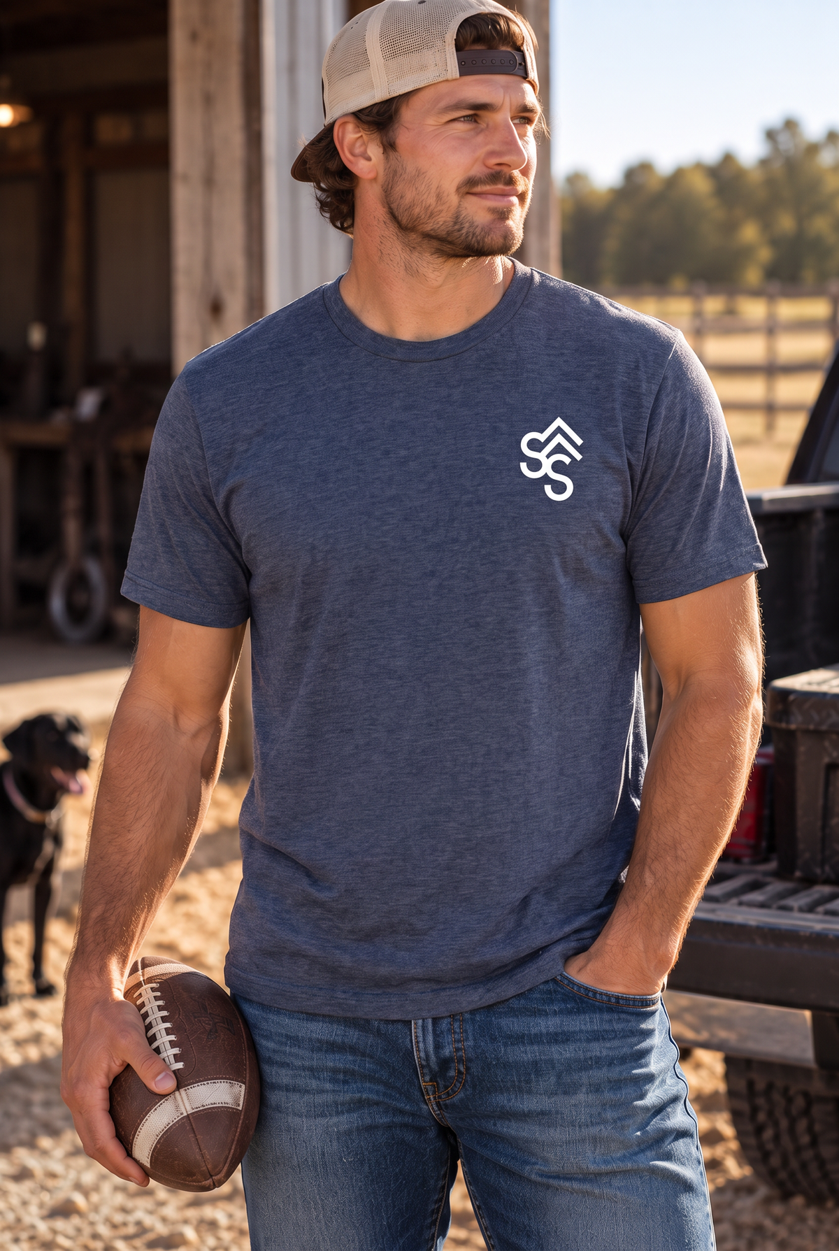 Get Western Tee in Heather Navy — male model, front view