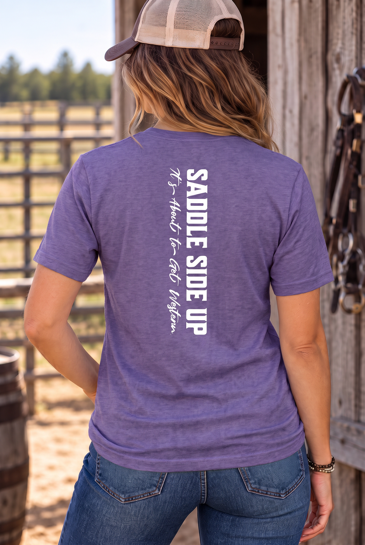 Get Western Tee in Heather Purple — female model, back view