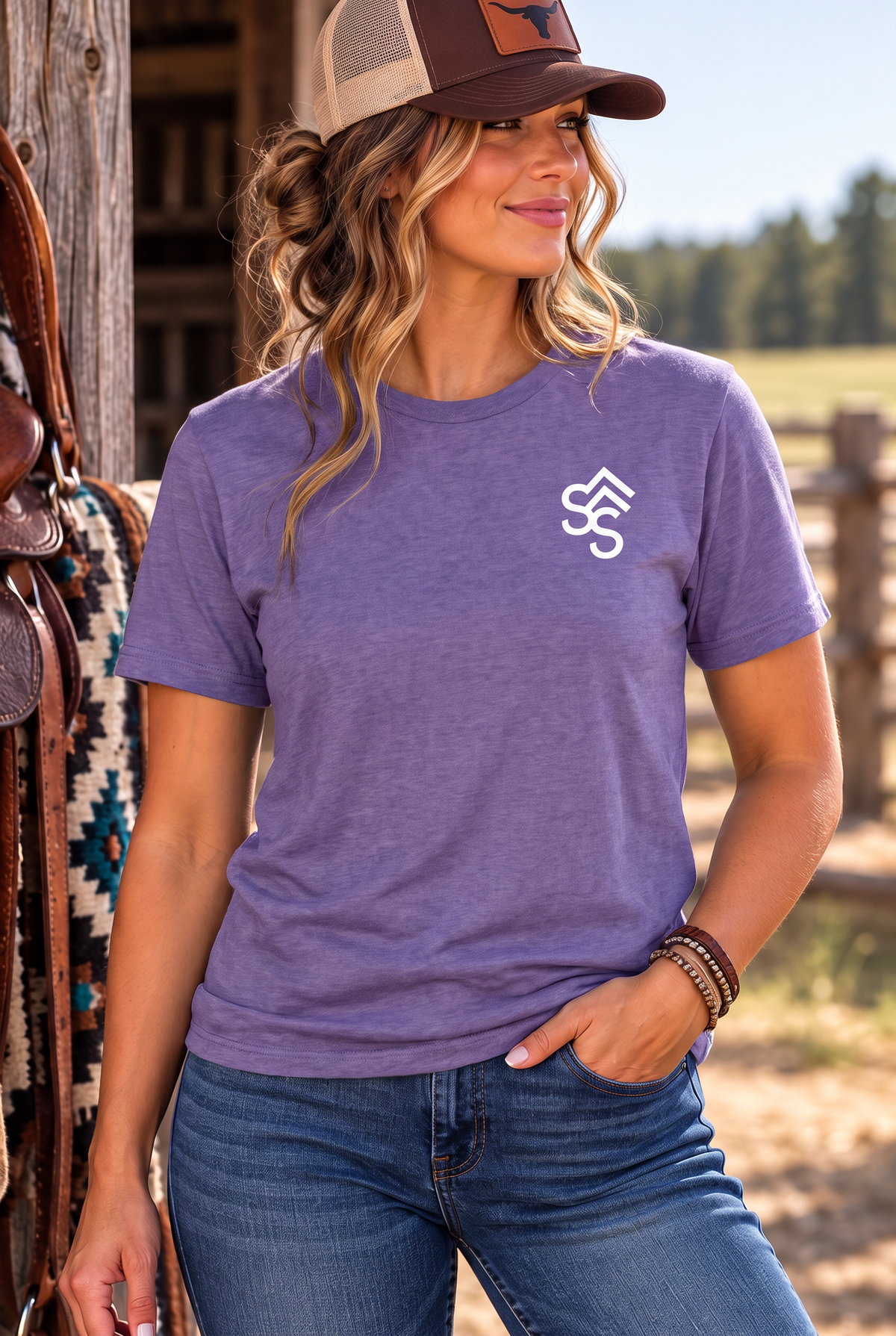 Get Western Tee in Heather Purple — female model, front view