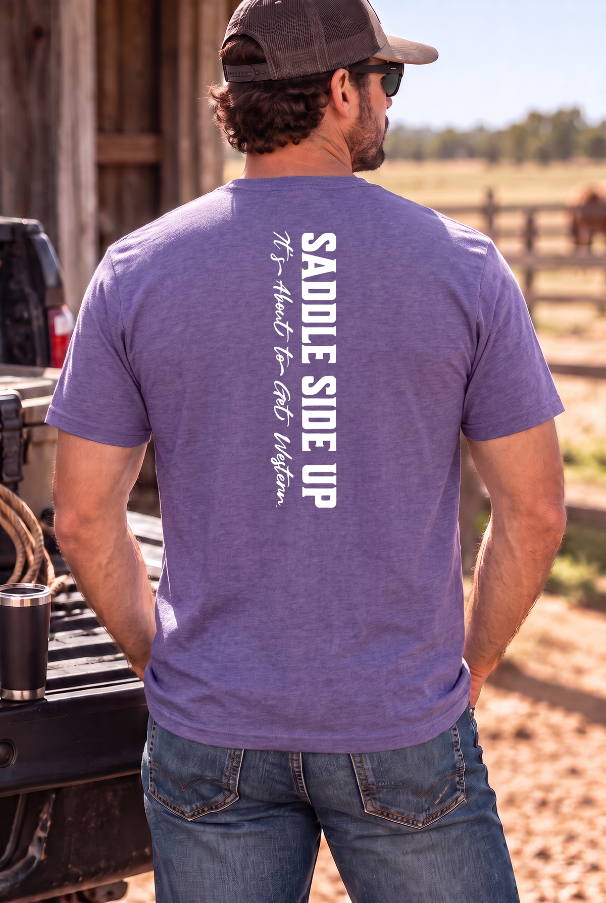 Get Western Tee in Heather Purple — male model, back view