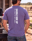 Get Western Tee in Heather Purple — male model, back view