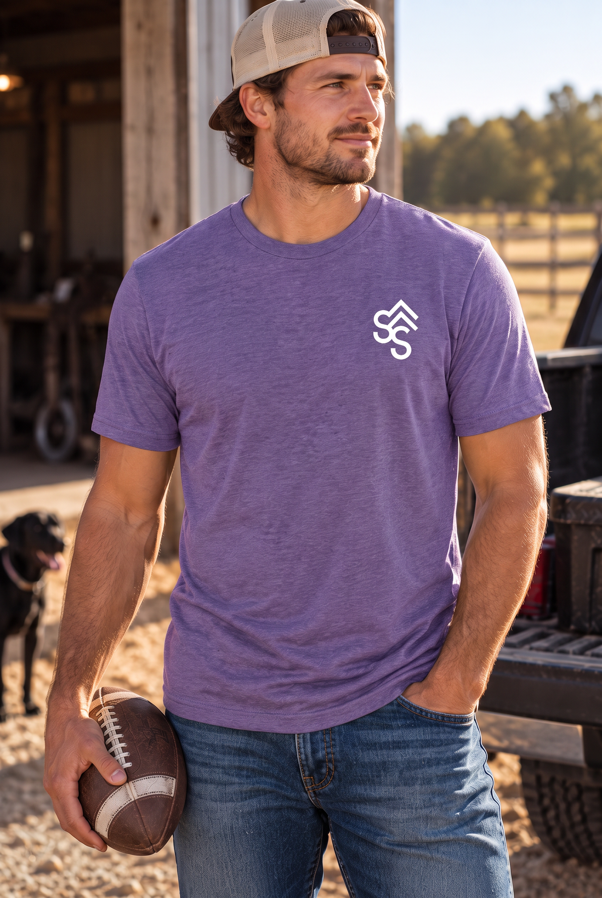 Get Western Tee in Heather Purple — male model, front view