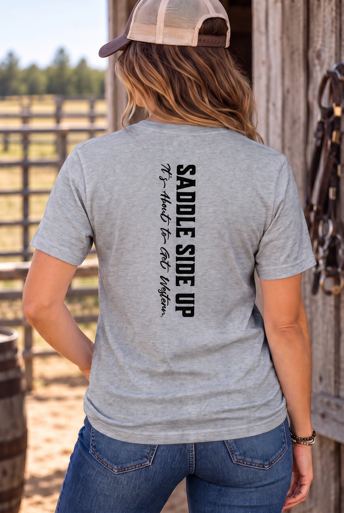 Get Western Tee in Sport Grey — female model, back view