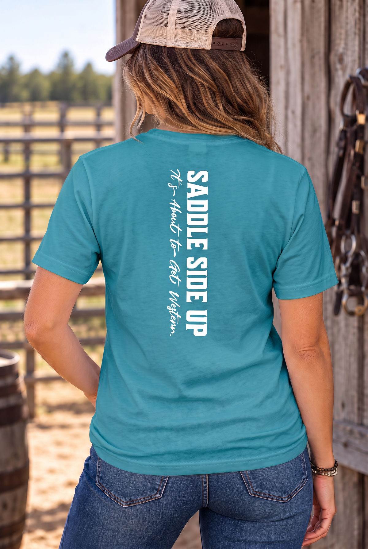 Get Western Tee in Tropical Blue — female model, back view