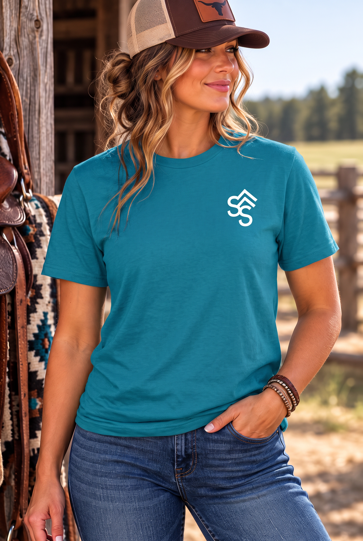 Get Western Tee in Tropical Blue — female model, front view