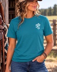 Get Western Tee in Tropical Blue — female model, front view