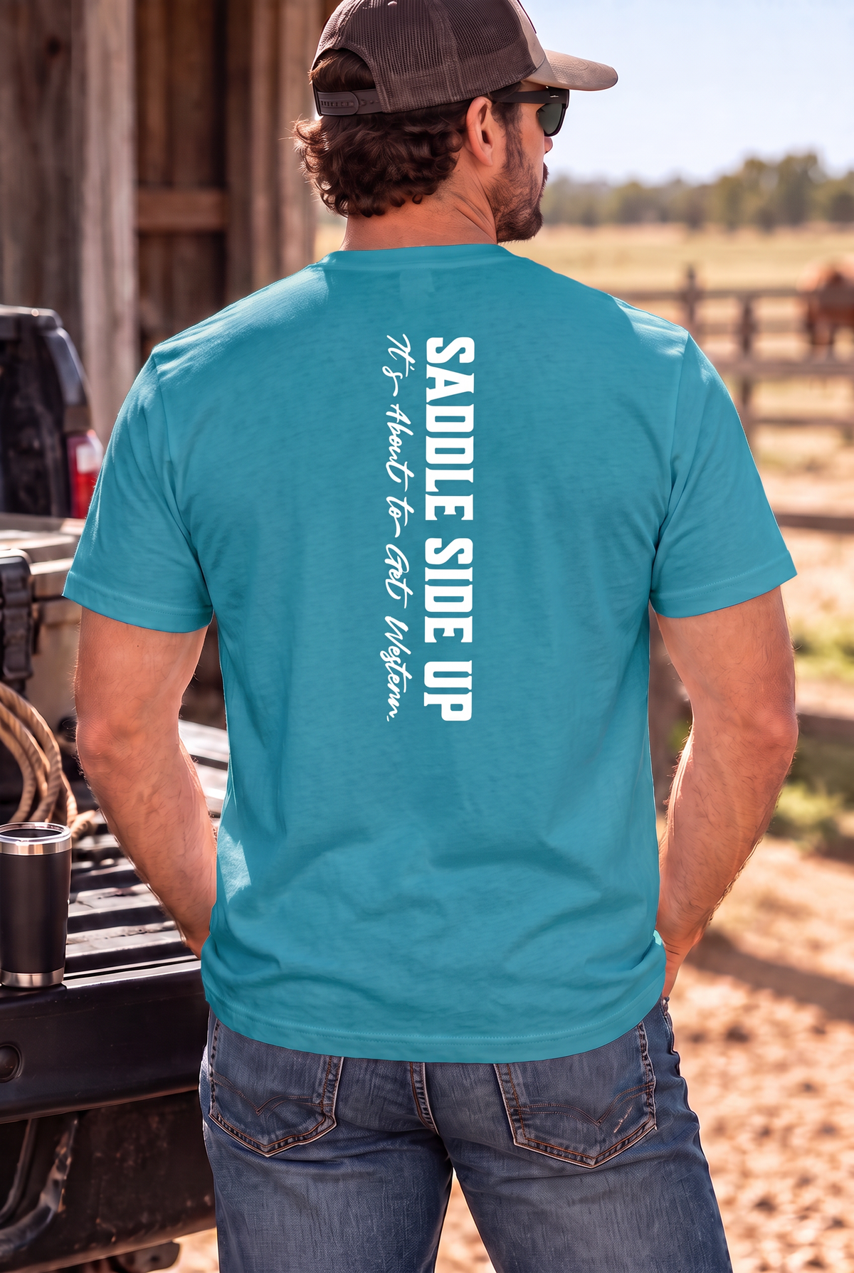 Get Western Tee in Tropical Blue — male model, back view